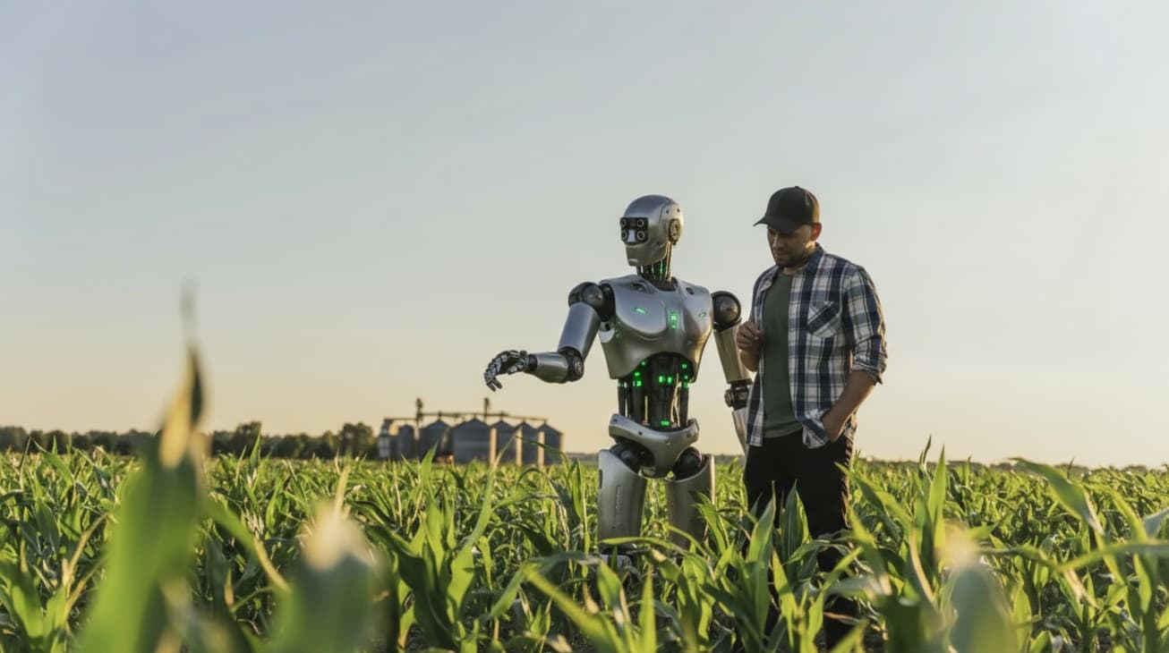 Agrónomo trabajando con robot inteligente