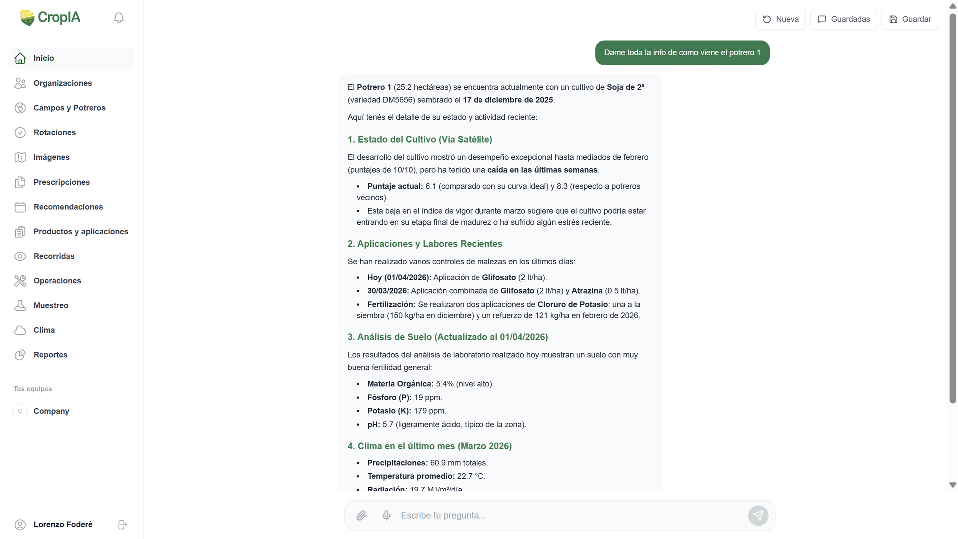 Consultando información de un potrero en escritorio